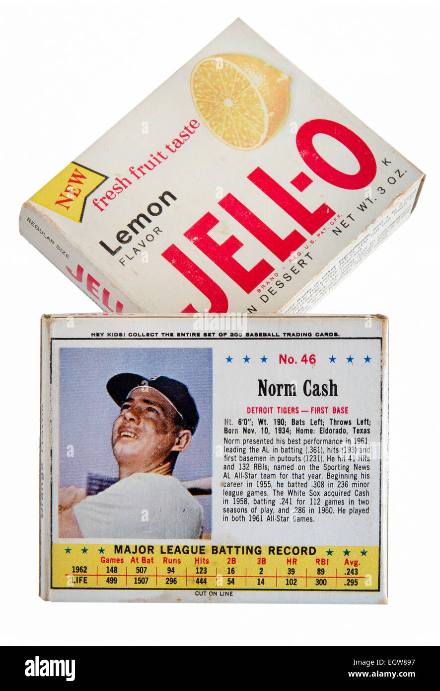 1963-Box von JELL-0 mit ein Major League Baseball Trading Card auf der Rückseite zeigt Norm Cash von den Detroit Tigers Stockfoto