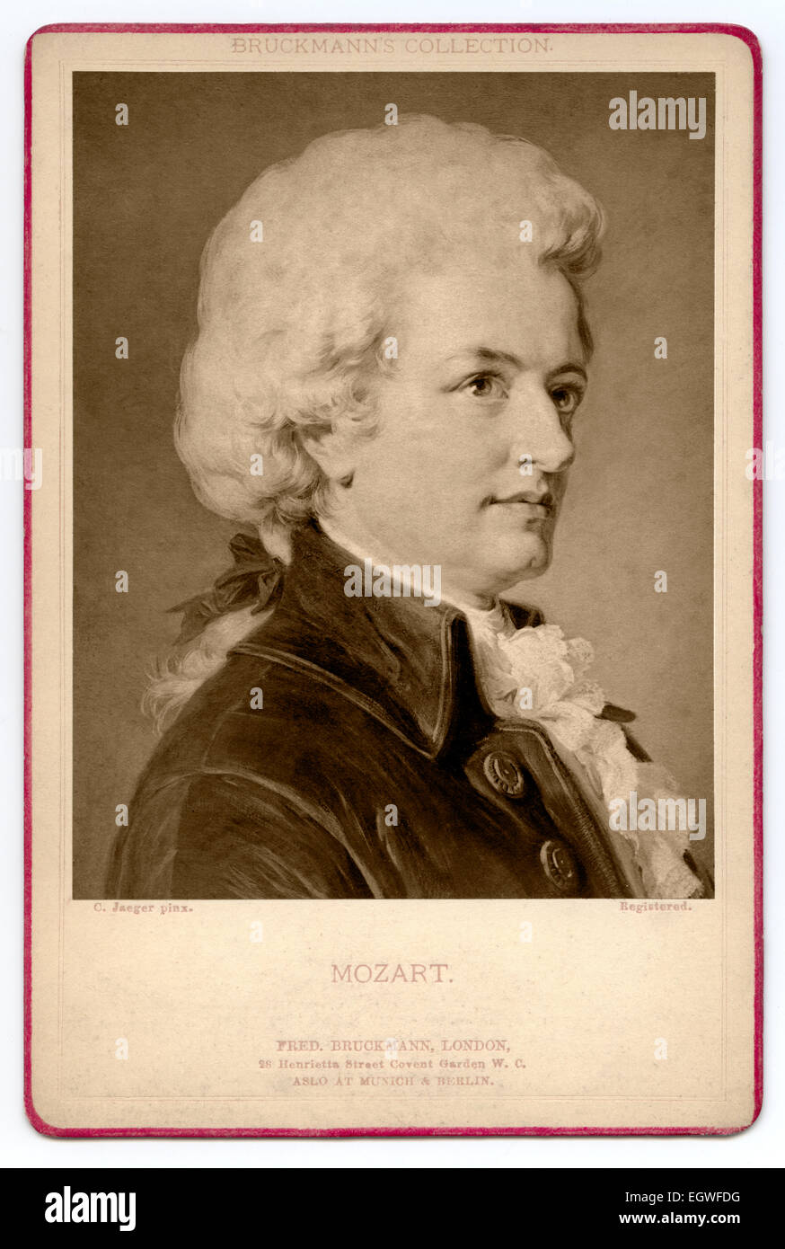 Viktorianische Kabinett Karte Porträt von Wolfgang Amadeus Mozart 1756 - 1791, aus einem Gemälde von Carl Jäger, 1838-1887 erschienen bei Friedrich Bruckmann circa1870 Stockfoto