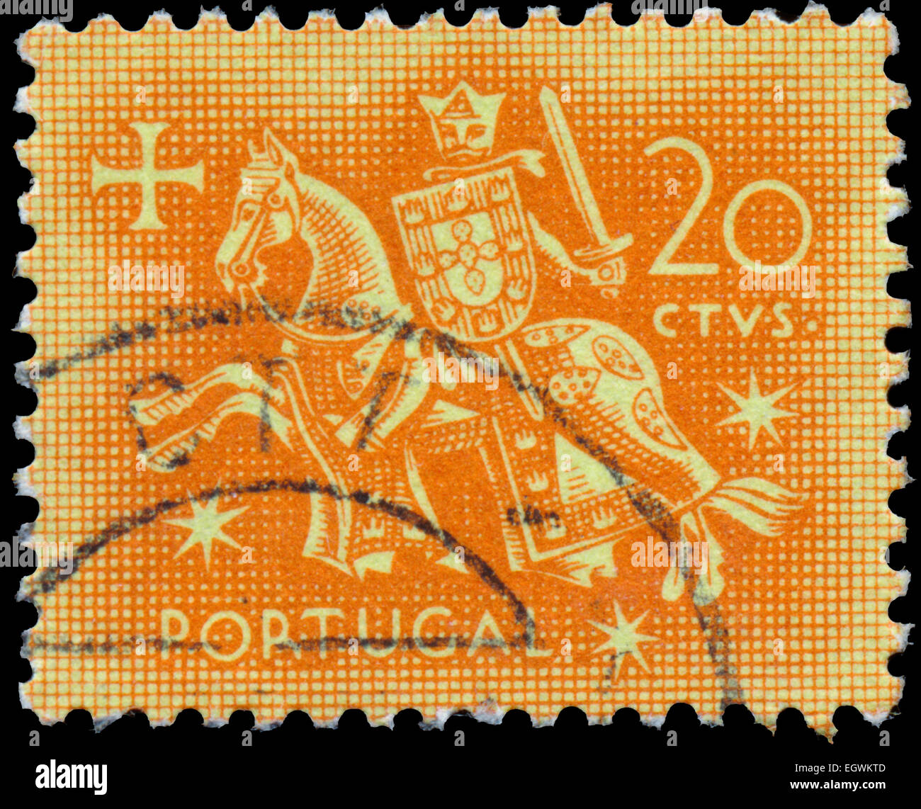 PORTUGAL - ca. 1953: Briefmarke gedruckt in Portugal mit Bild eines mittelalterlichen Ritters auf einem Pferd, ca. 1953. Stockfoto