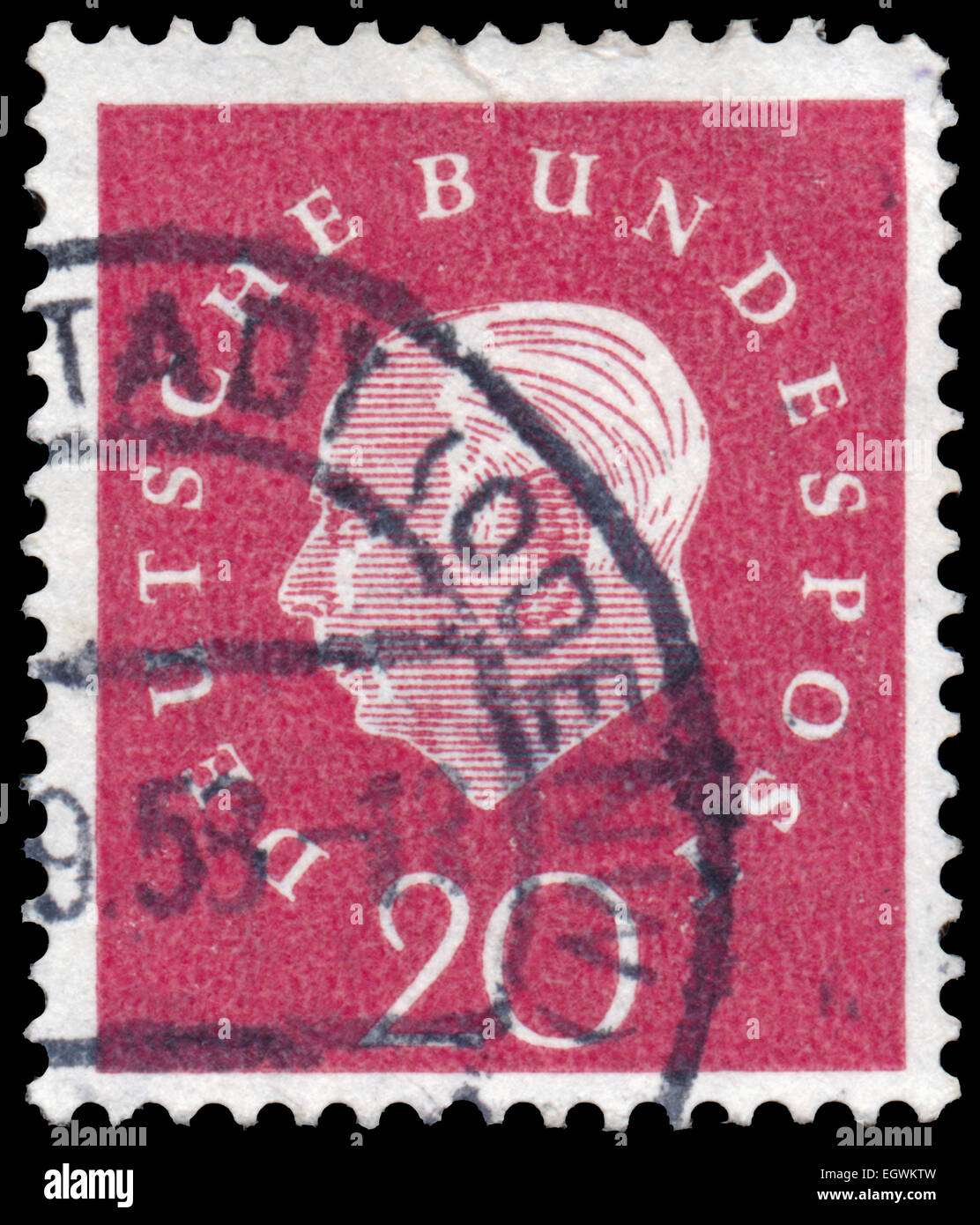 Deutschland - ca. 1959: Eine Briefmarke gedruckt in Deutschland mit Portraitbild von Theodor Heuss, der erste Präsident der Bundesrepublik Repub Stockfoto
