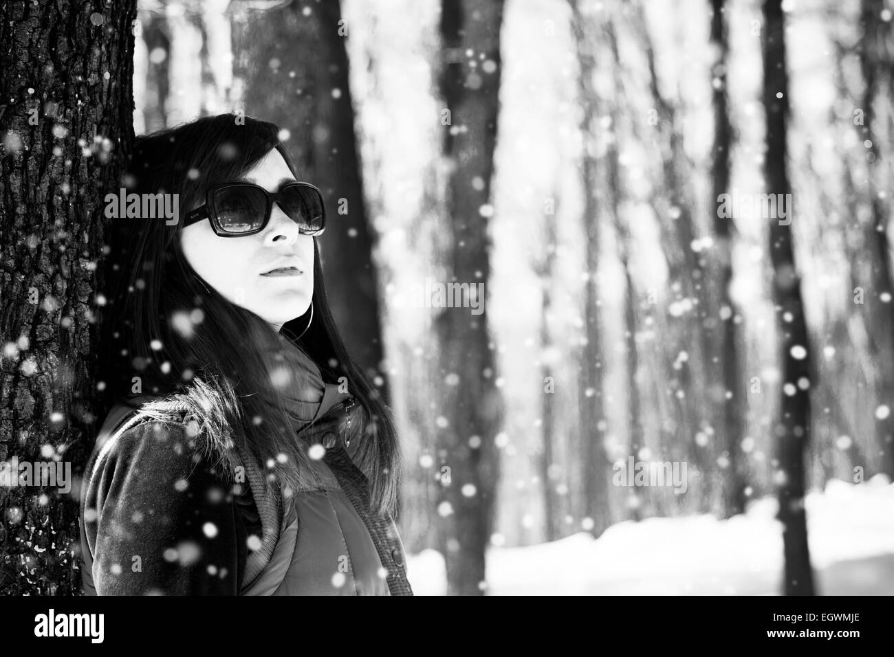 Hübsche Frau im Wald in den schneereichen Winter mit Sonnenbrille Stockfoto