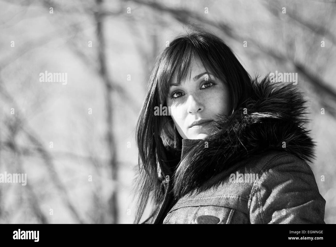 Porträt von einer hübschen Frau posiert im Wald im Winter in Graustufen Stockfoto