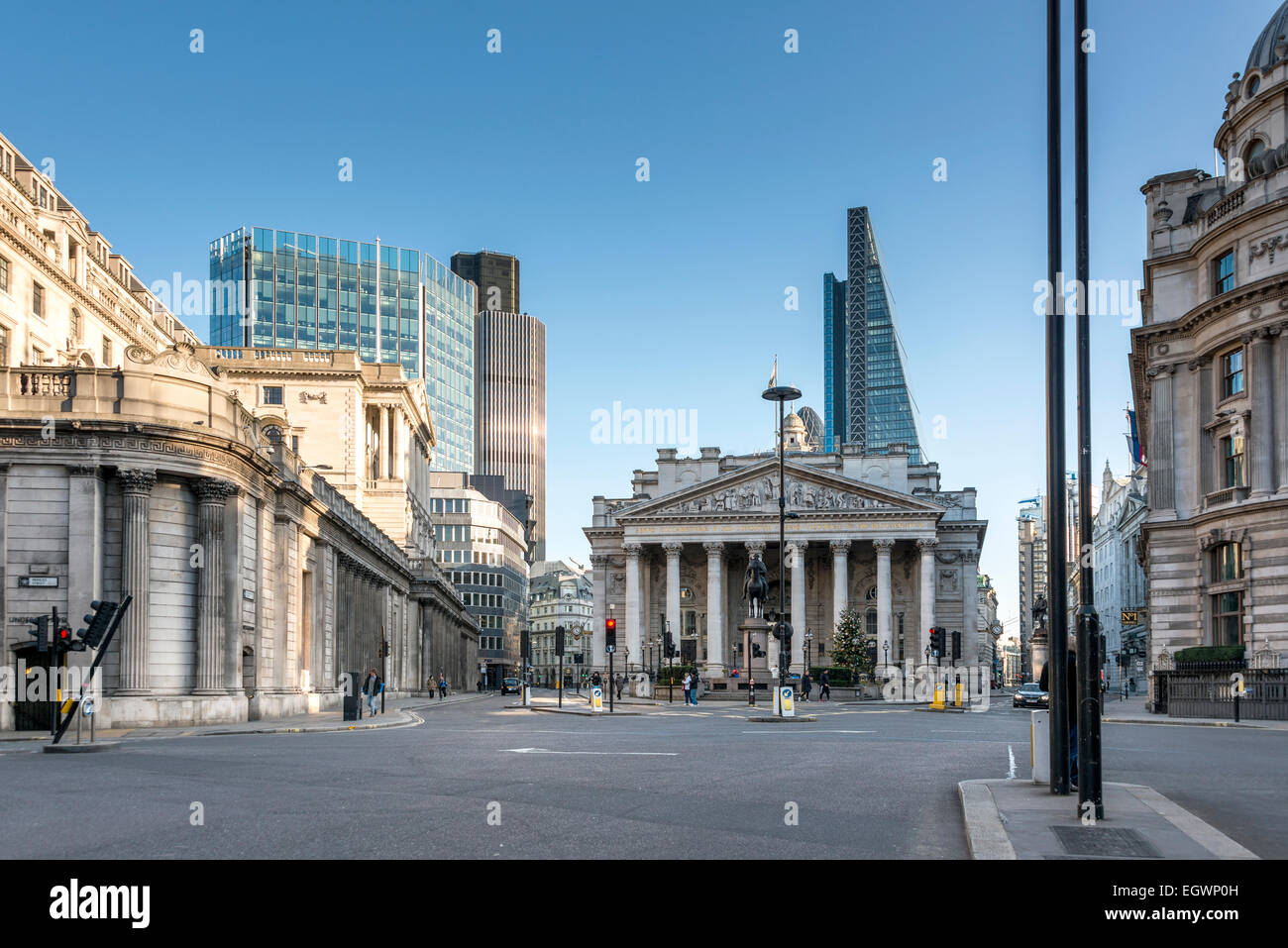 Bank-Junction ist ein Verkehrsknotenpunkt in der City of London, gesehen hier ungewöhnlich leer, so genannt wegen der Bank of England Stockfoto