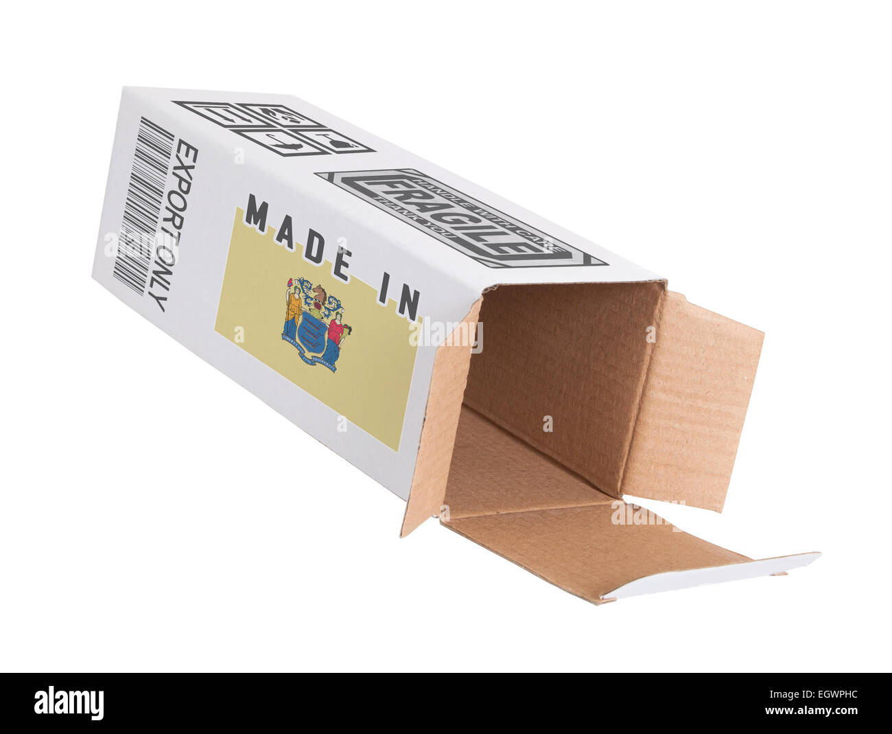 Konzept der export, öffnete Papier Box - Produkt von New Jersey Stockfoto