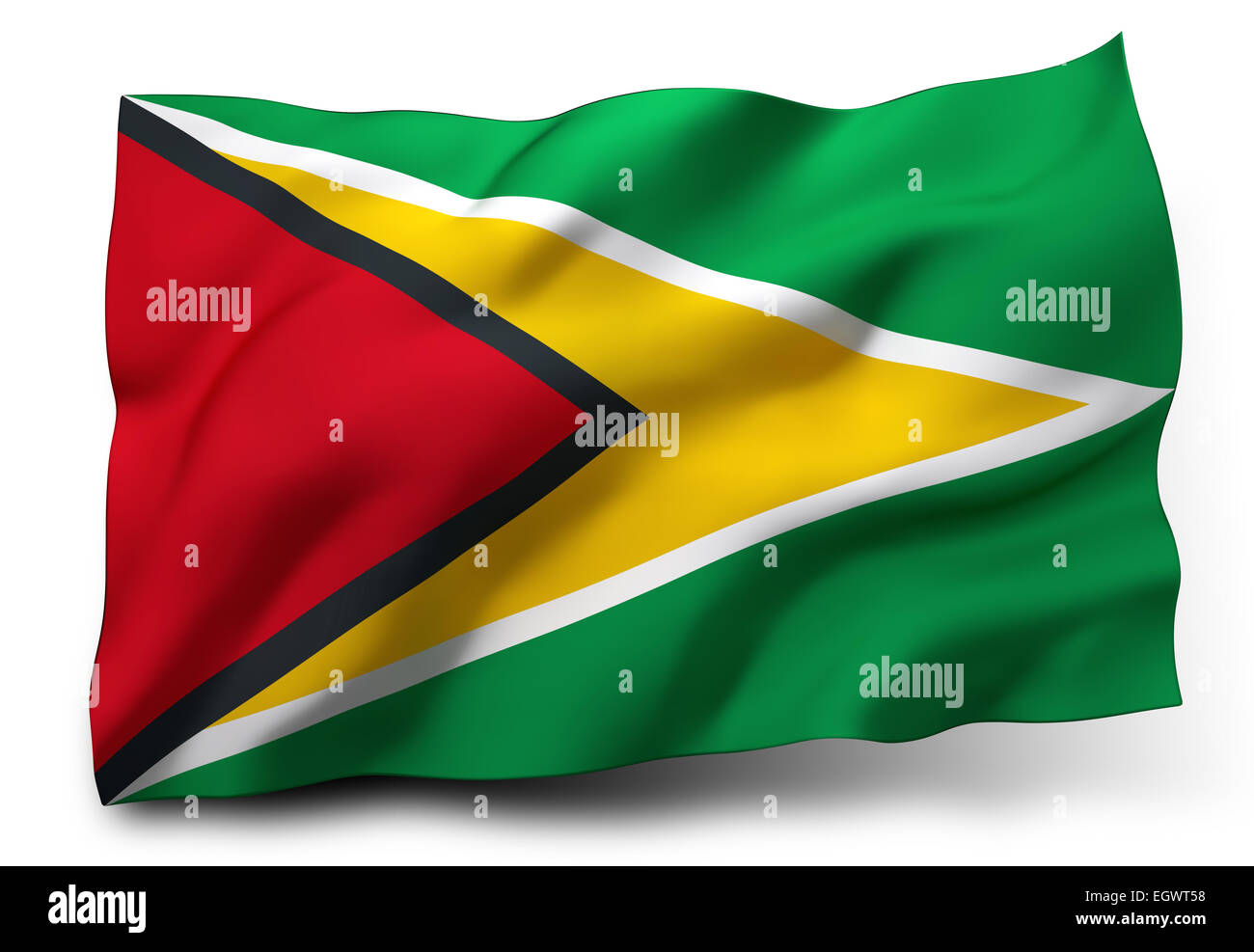 Wehende Flagge von Guyana isoliert auf weißem Hintergrund Stockfoto
