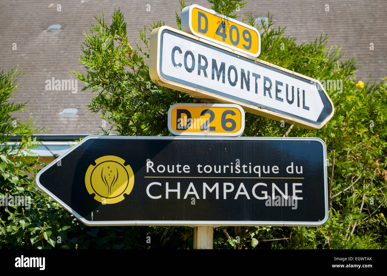Champagne, Frankreich - Weinberge Tourist trail Route Straßenschild in Rilly-la-Montagne, Champagne, Frankreich, Europa Stockfoto
