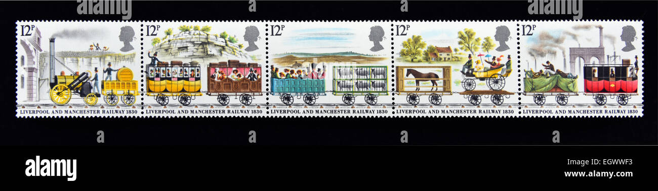Briefmarken. Great Britain. Königin Elizabeth II. 1980. 150.. Jahrestag der Liverpool and Manchester Railway. 1830. Stockfoto