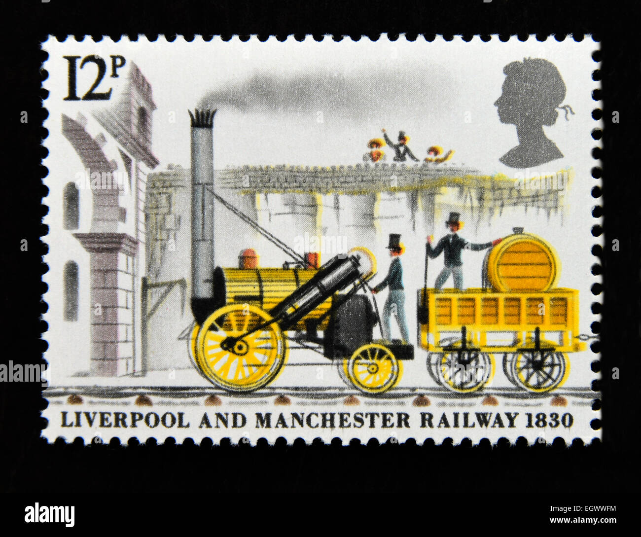 Briefmarke. Great Britain. Königin Elizabeth II. 1980. 150.. Jahrestag der Liverpool and Manchester Railway. 1830. Stockfoto