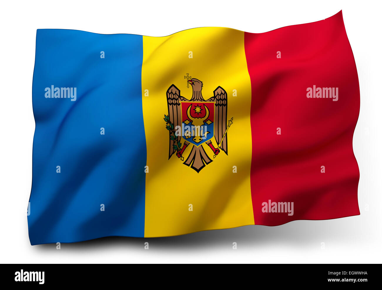 Wehende Flagge von Moldawien isoliert auf weißem Hintergrund Stockfoto
