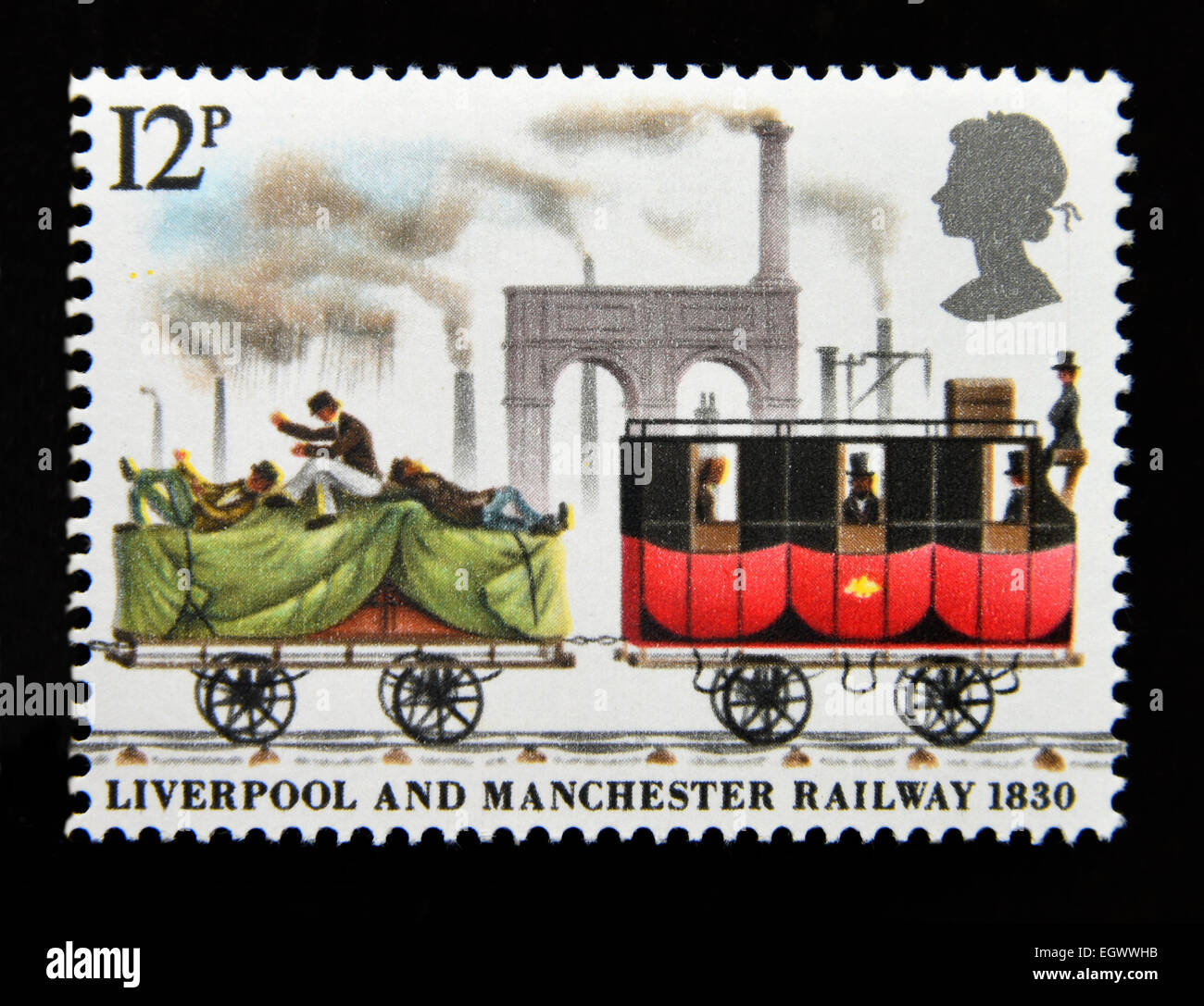 Briefmarke. Great Britain. Königin Elizabeth II. 1980. 150.. Jahrestag der Liverpool and Manchester Railway. 1830. Stockfoto