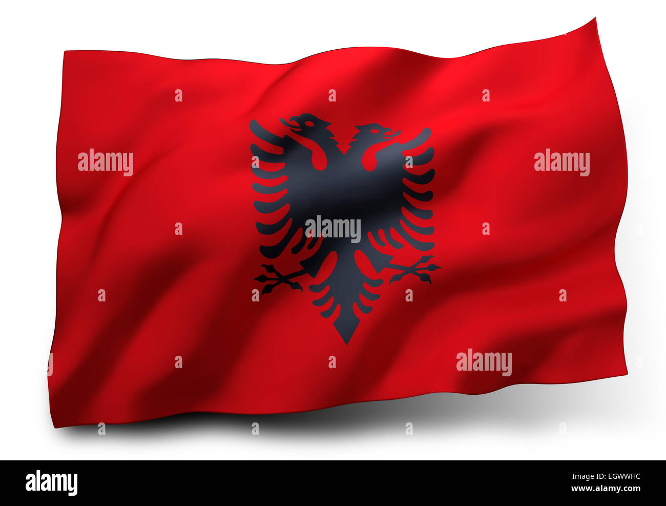 Wehende Flagge von Albanien isoliert auf weißem Hintergrund Stockfoto