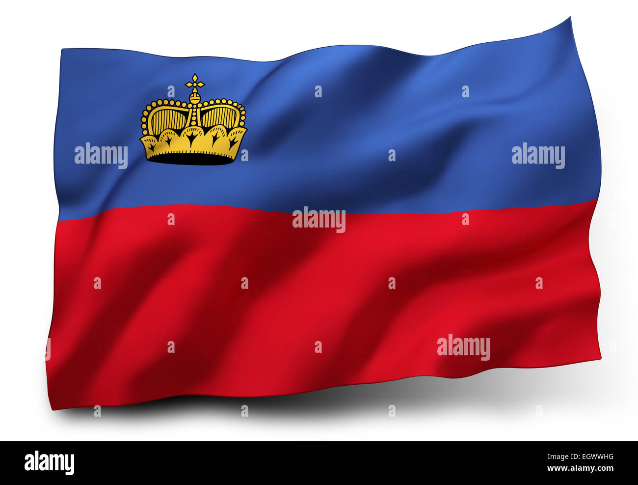 Wehende Flagge von Liechtenstein isoliert auf weißem Hintergrund Stockfoto