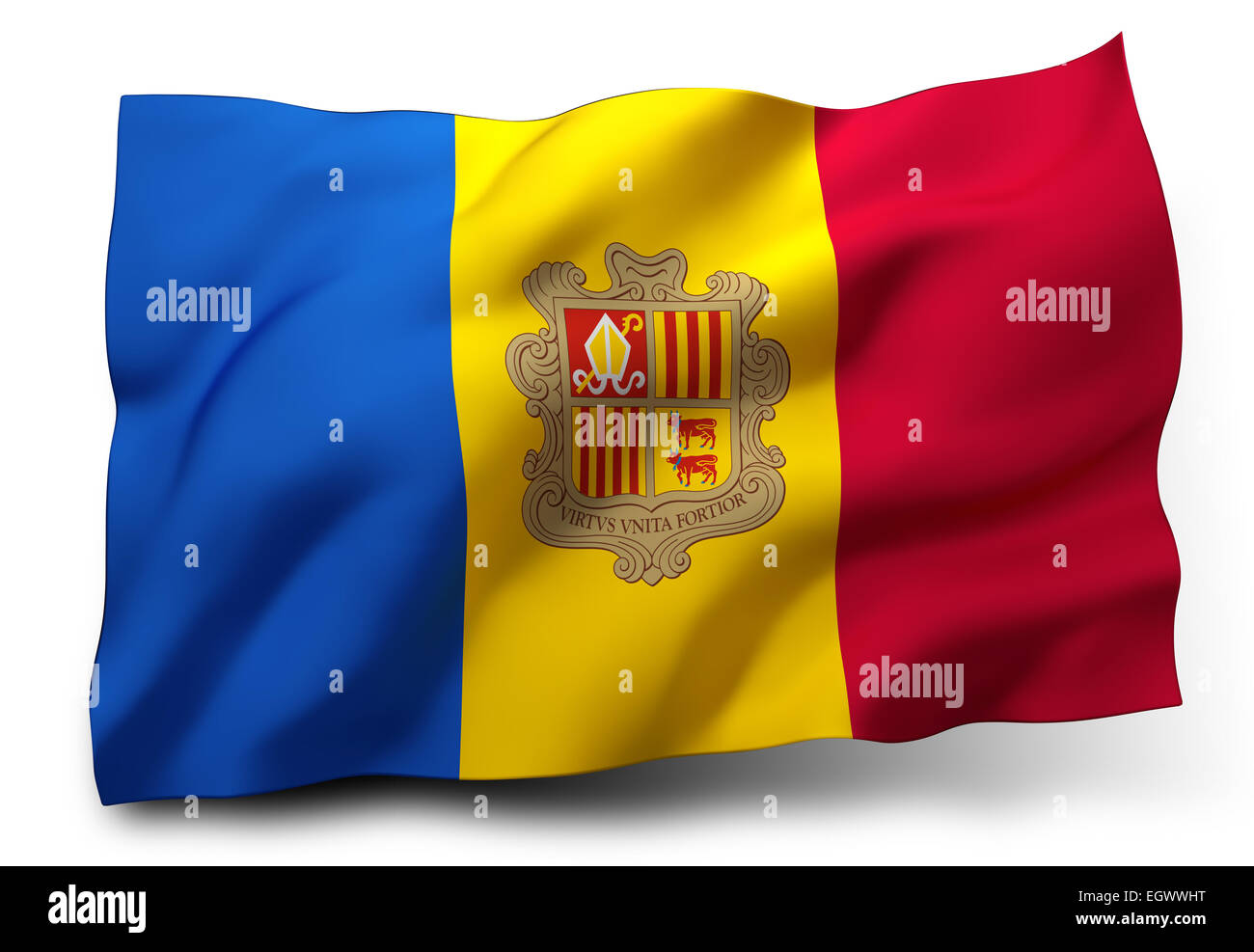 Wehende Flagge von Andorra isoliert auf weißem Hintergrund Stockfoto