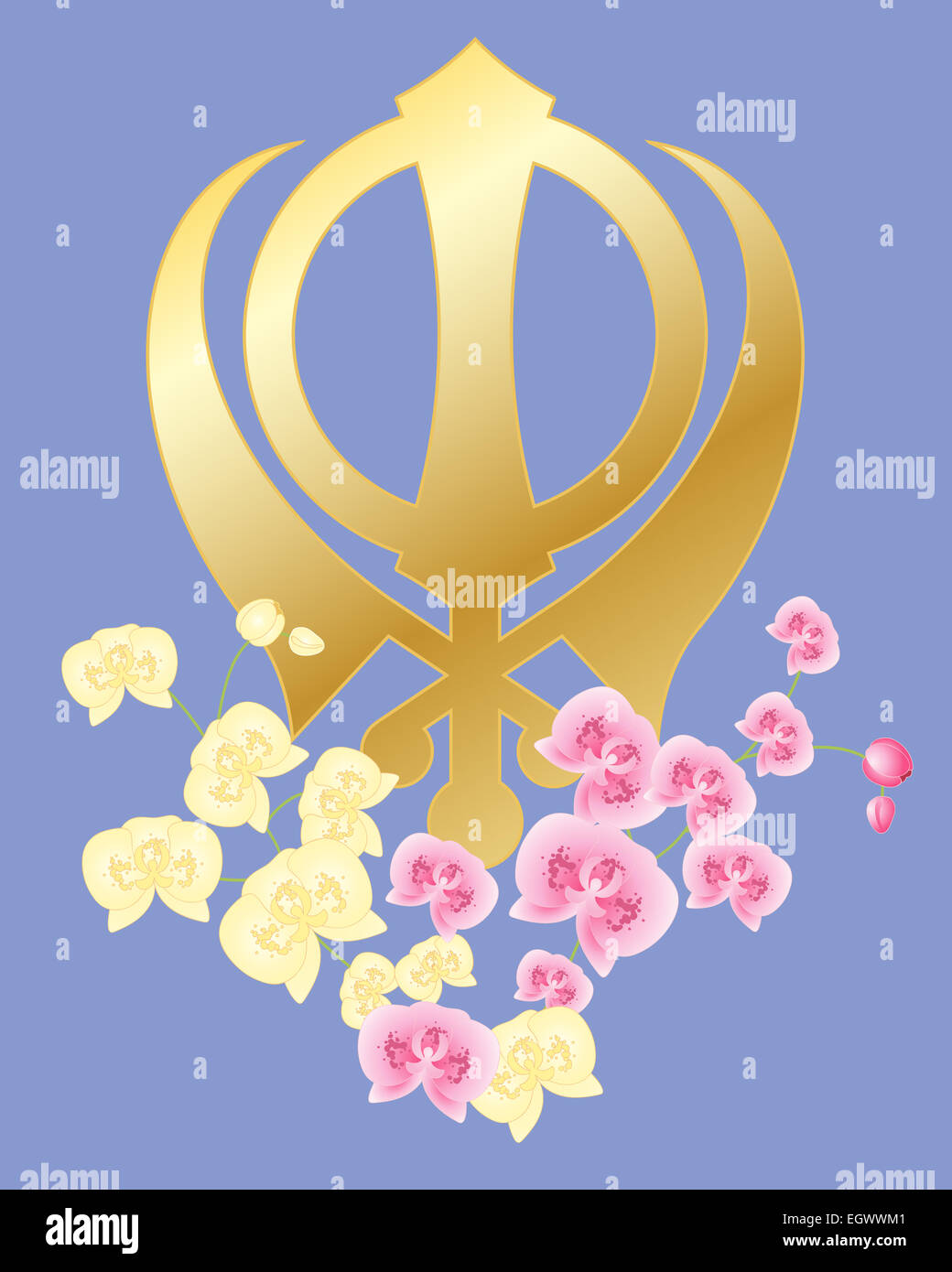 ein Beispiel für eine Sikh Grußkarte mit goldenem Emblem umgeben von rosa und weißen Orchideen auf lila Hintergrund Stockfoto