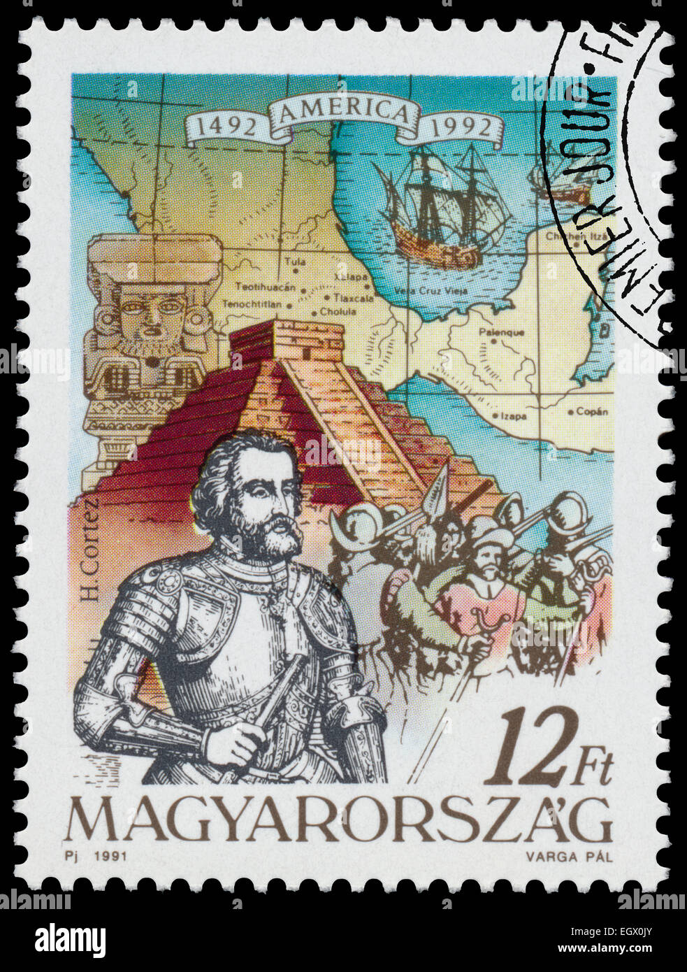 Ungarn - ca. 1991: Briefmarke gedruckt in Ungarn aus der Ausgabe zeigt der 500. Jahrestag der Entdeckung Amerikas H. Cortez Stockfoto