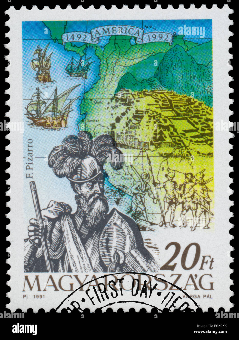 Ungarn - ca. 1991: Briefmarke gedruckt in Ungarn aus der Ausgabe zeigt der 500. Jahrestag der Entdeckung Amerikas F. Pizarr Stockfoto