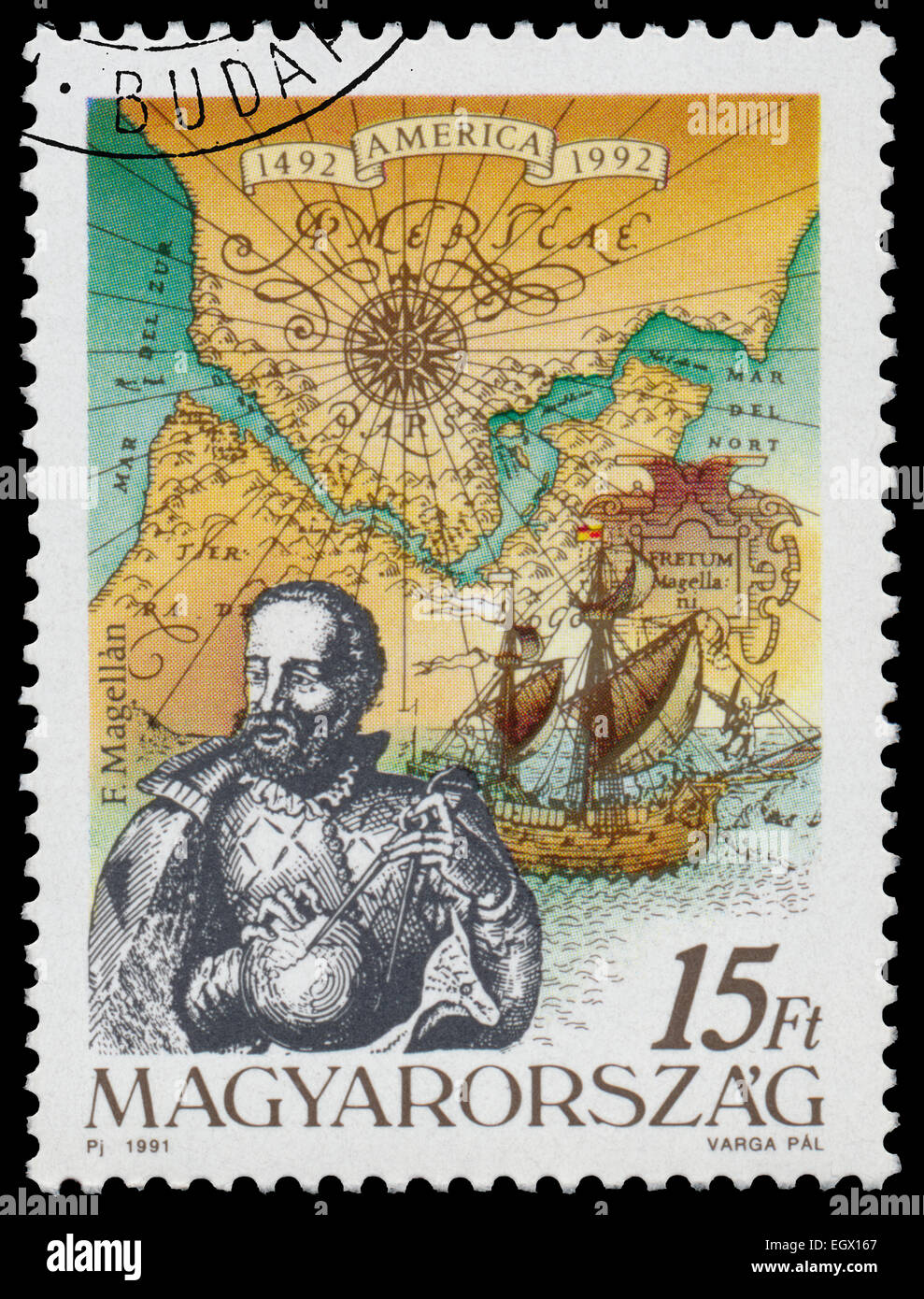 Ungarn - ca. 1991: Briefmarke gedruckt in Ungarn aus der Ausgabe zeigt der 500. Jahrestag der Entdeckung Amerikas F. Magell Stockfoto
