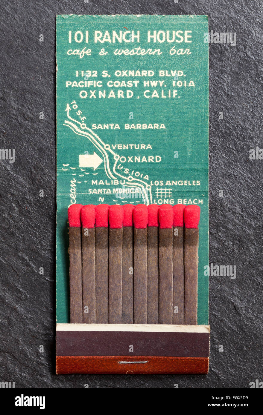 Vintage American Matchbook Werbung 101 Ranch House Cafe und Western Bar Oxnard Kalifornien USA Stockfoto