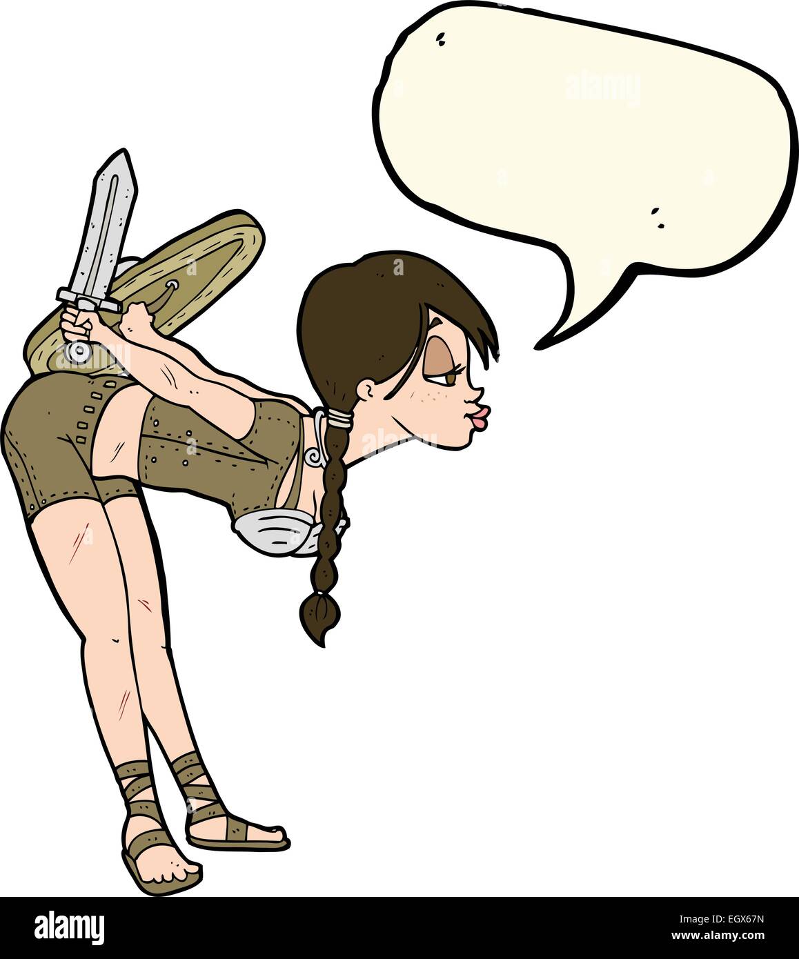 Cartoon-Viking Mädchen verbeugte sich mit Sprechblase Stock Vektor