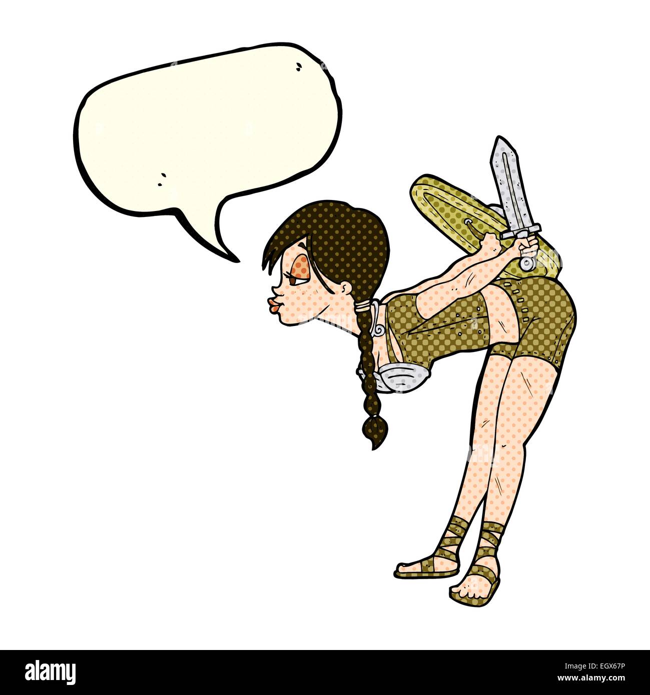 Cartoon-Viking Mädchen verbeugte sich mit Sprechblase Stock Vektor