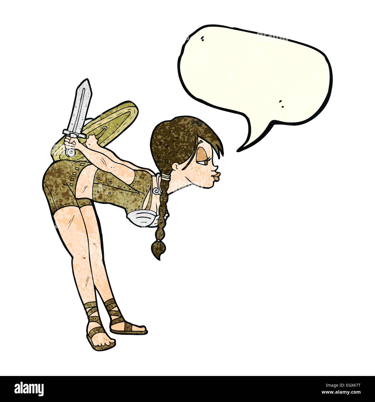 Cartoon-Viking Mädchen verbeugte sich mit Sprechblase Stock Vektor