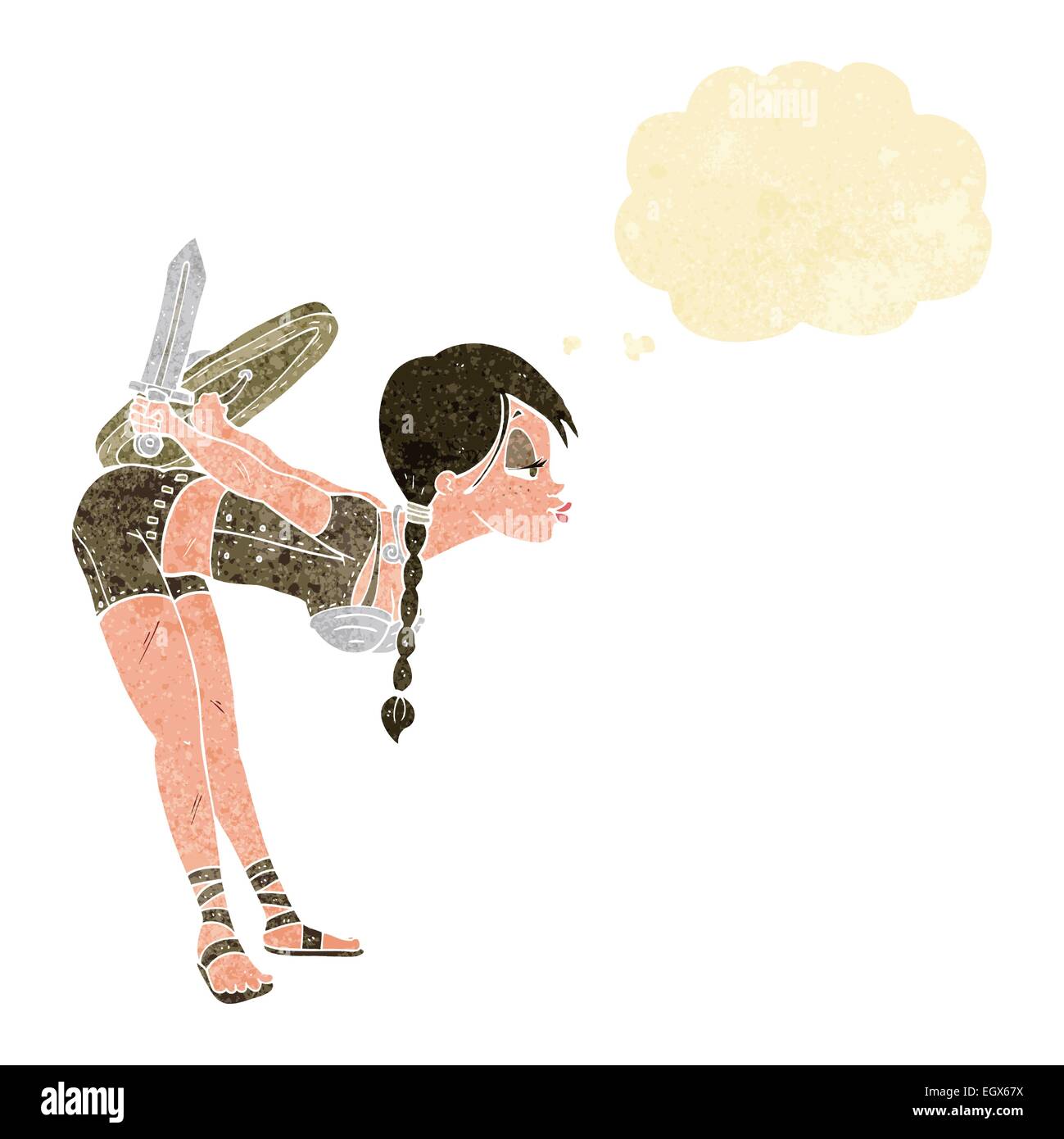 Cartoon-Viking Mädchen verbeugte sich mit Gedankenblase Stock Vektor