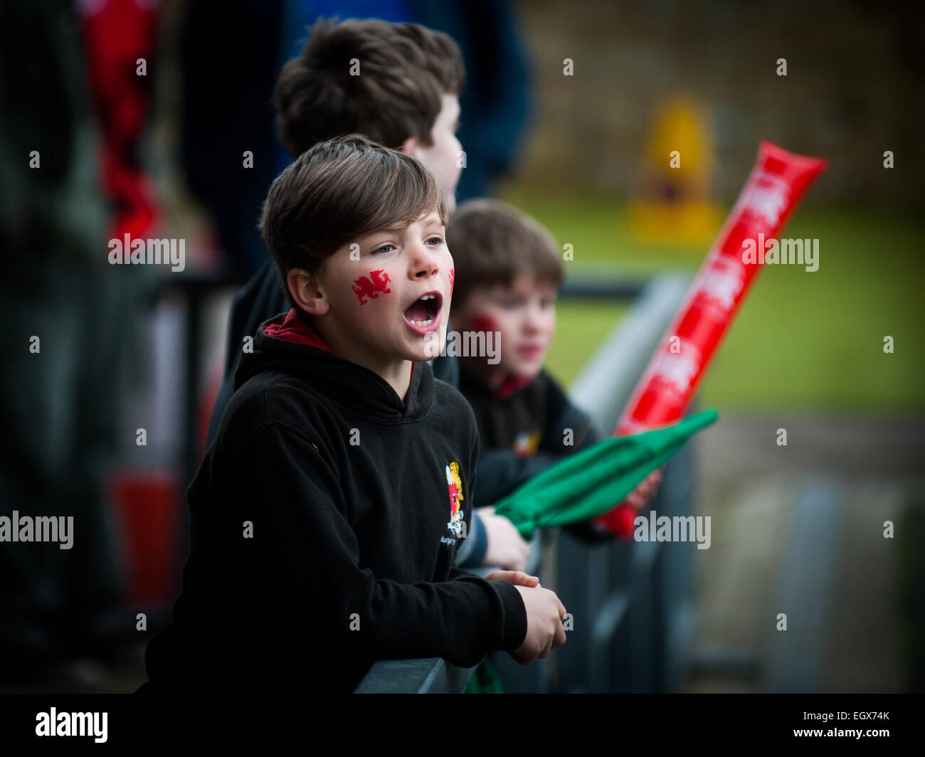 Walisischen Rugby Kind Anhänger beobachten London Welsh spielen am St.Davids Tag Stockfoto