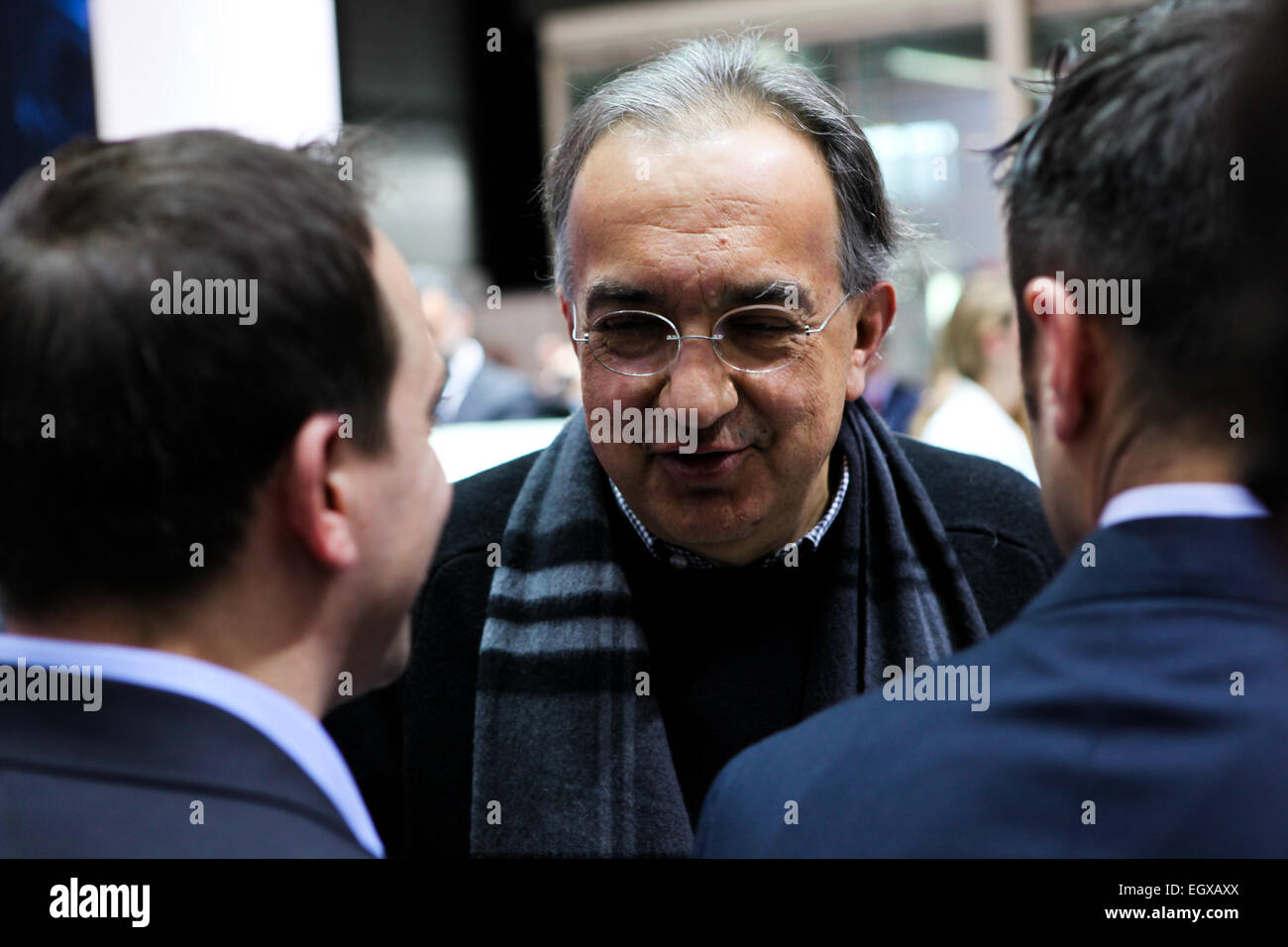 Genf, Schweiz. 3. März 2015. FCA AD Sergio Marchionne besuchen die Fiat-Stand auf der Motor Show 2015 Geneve Stockfoto