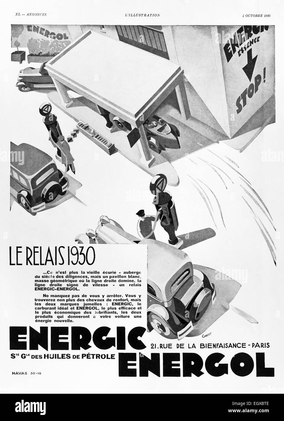 1930 Anzeige für "Energol" Benzin aus dem französischen Magazin "L'Illustration". Stockfoto