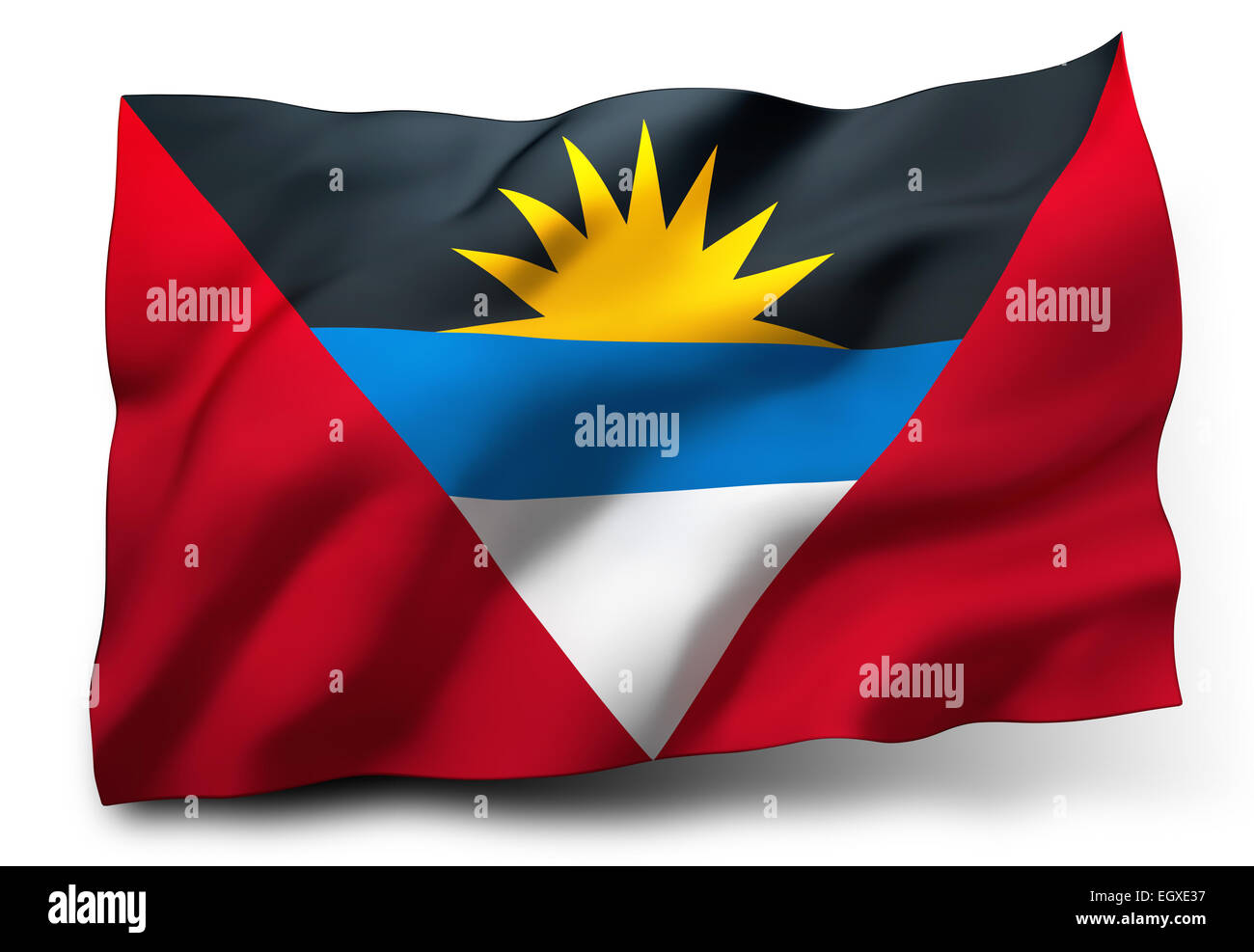 Wehende Flagge von Antigua und Barbuda isoliert auf weißem Hintergrund Stockfoto