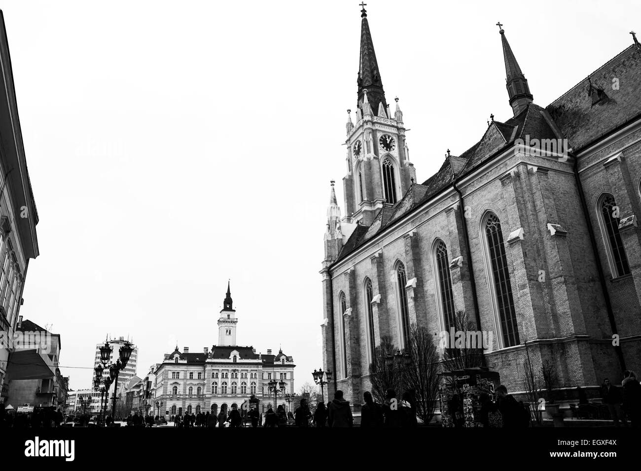 Rathaus und der katholischen Kirche im Zentrum von Novi Sad in Graustufen Stockfoto