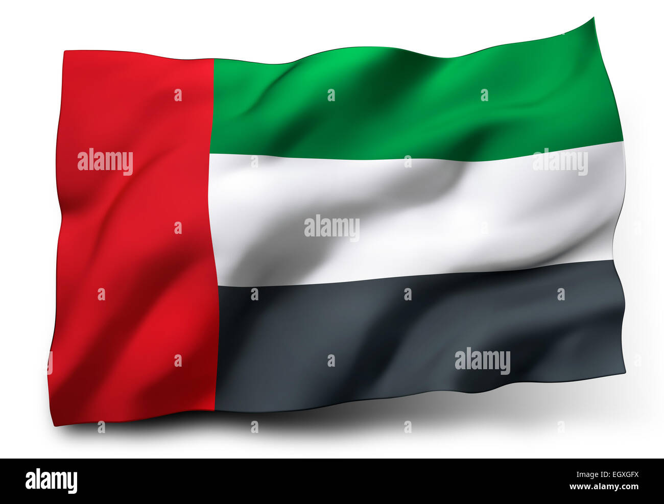 Wehende Flagge der Vereinigten Arabischen Emirate isoliert auf weißem Hintergrund Stockfoto