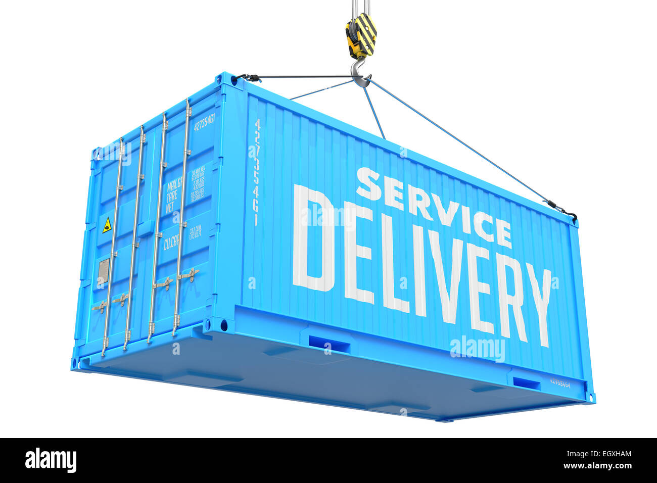 Service Delivery - blau Frachtcontainer hängen. Stockfoto