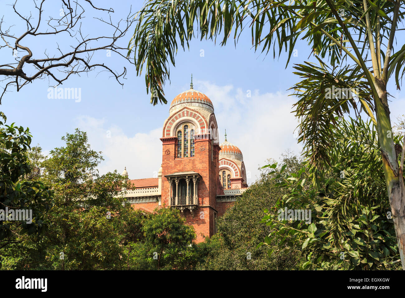 Red Brick indo-sarazenischen Stil Senat House, Hauptgebäude der Universität von Madras, Chepauk Campus, Chennai, Tamil Nadu, Südindien Stockfoto