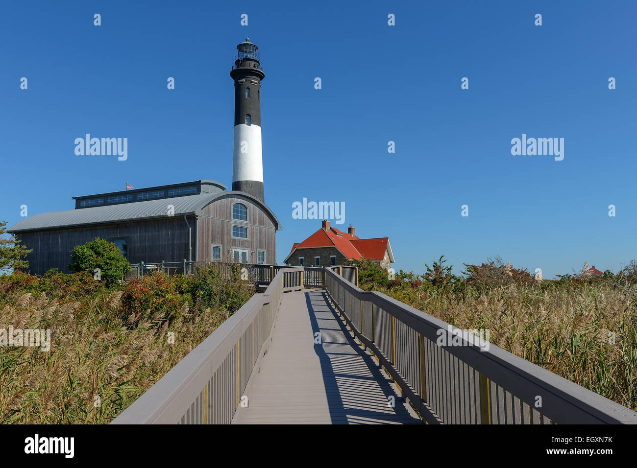 Fire Island Lighthouse, wie von der Natur-Promenade in Fire Island National Seashore State Park auf Long Island zu sehen. Stockfoto