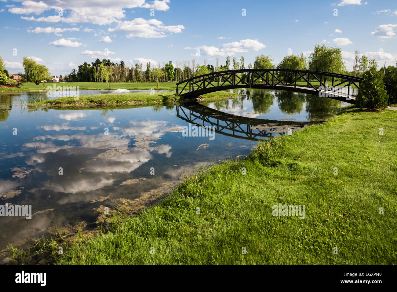 Kleine Brücke über ein Teich und landen auf einer kleinen Rasen Insel Stockfoto