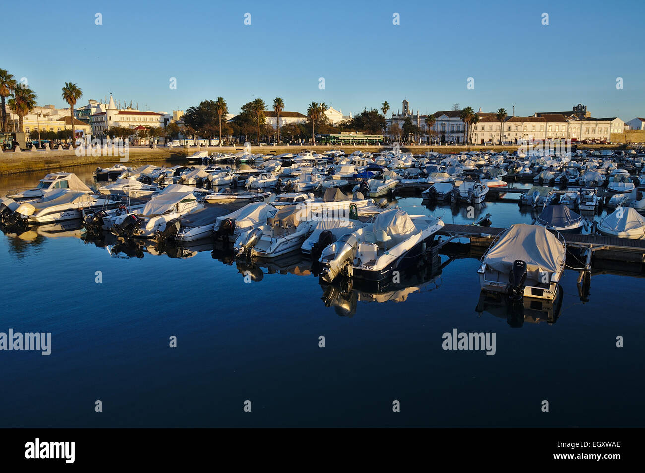 Faro City Marina am späten Nachmittag. Algarve Portugal Stockfoto