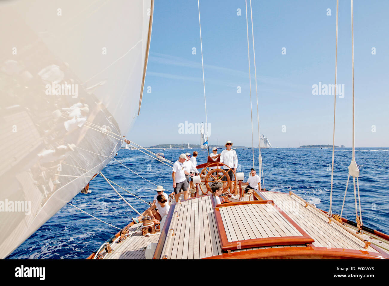 An Bord Shamrock V (JK3) während der Regates Royales in Cannes, Frankreich. Stockfoto