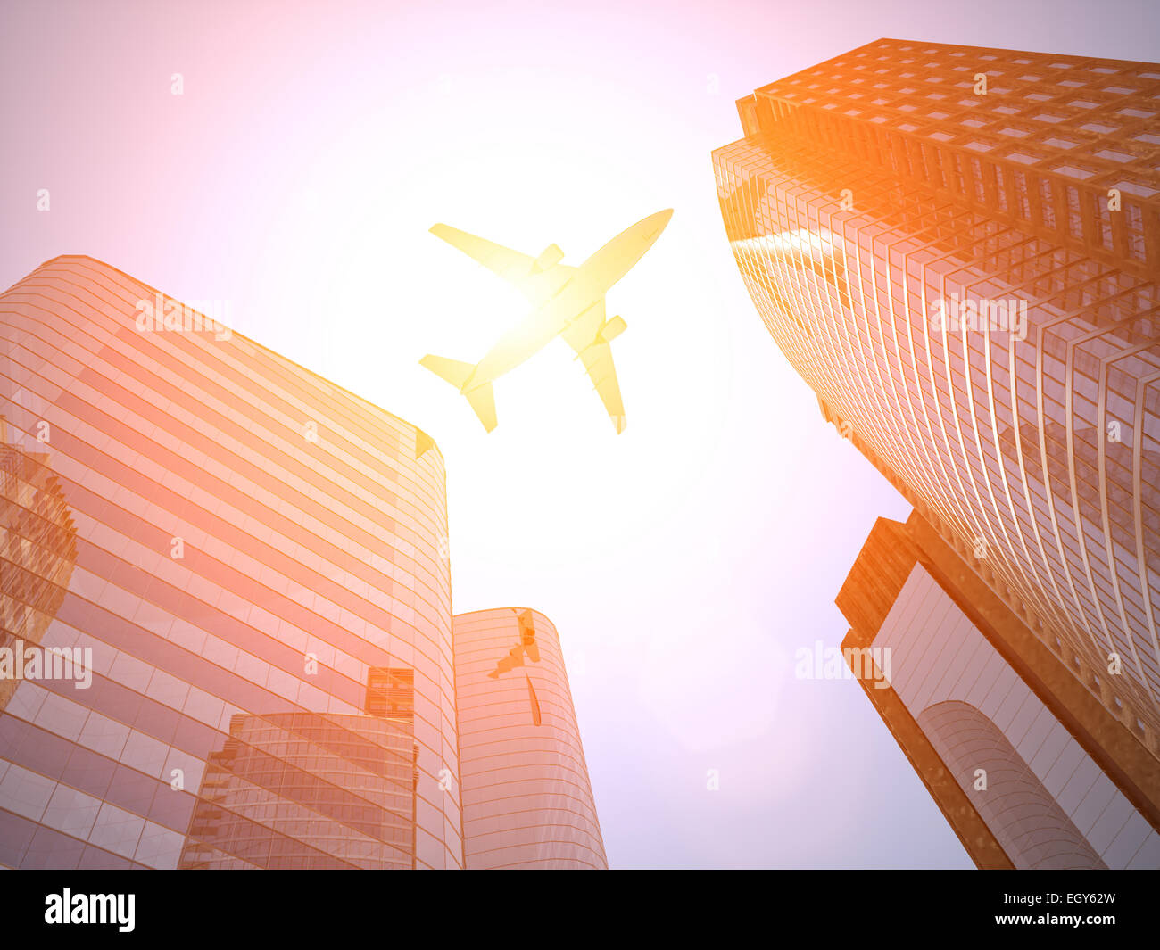 3D Bild von Flugzeug und hohen Wolkenkratzer Stockfoto