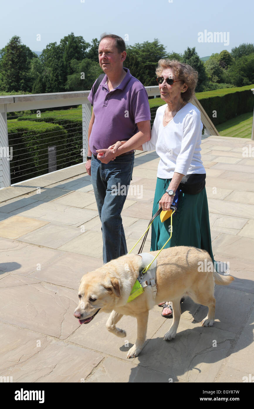 Frau mit Sehbehinderungen mit Helfer und Blindenhund auf Gelände des Yorkshire Sculpture Park. Stockfoto