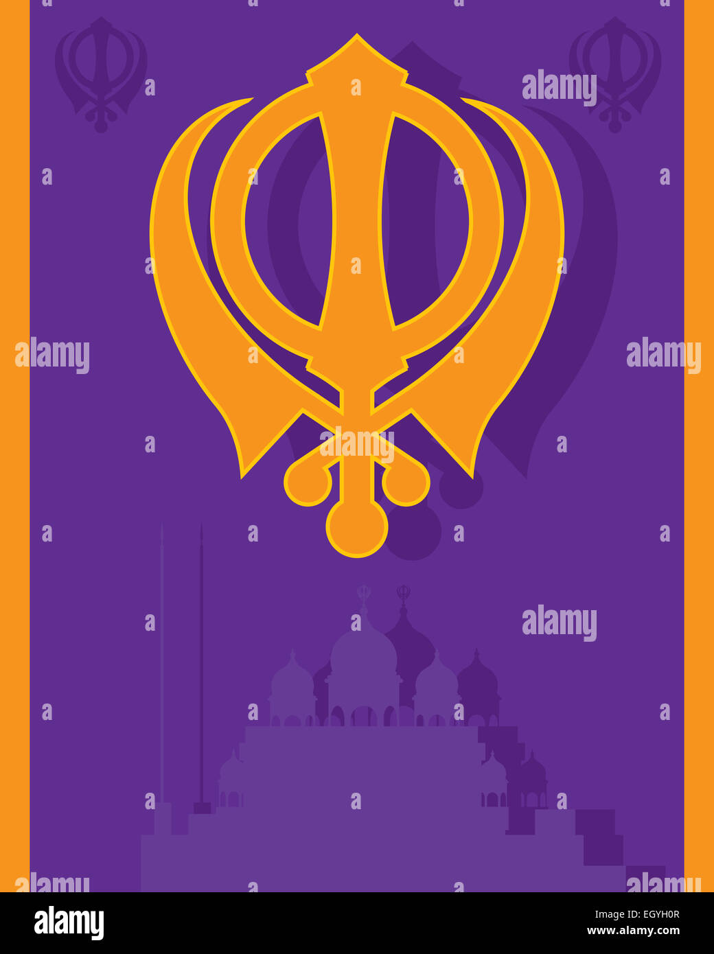 ein Beispiel für eine religiöse Sikh Grußkarte mit militärischen Emblem und Gurdwara in Farben lila und Safran Stockfoto