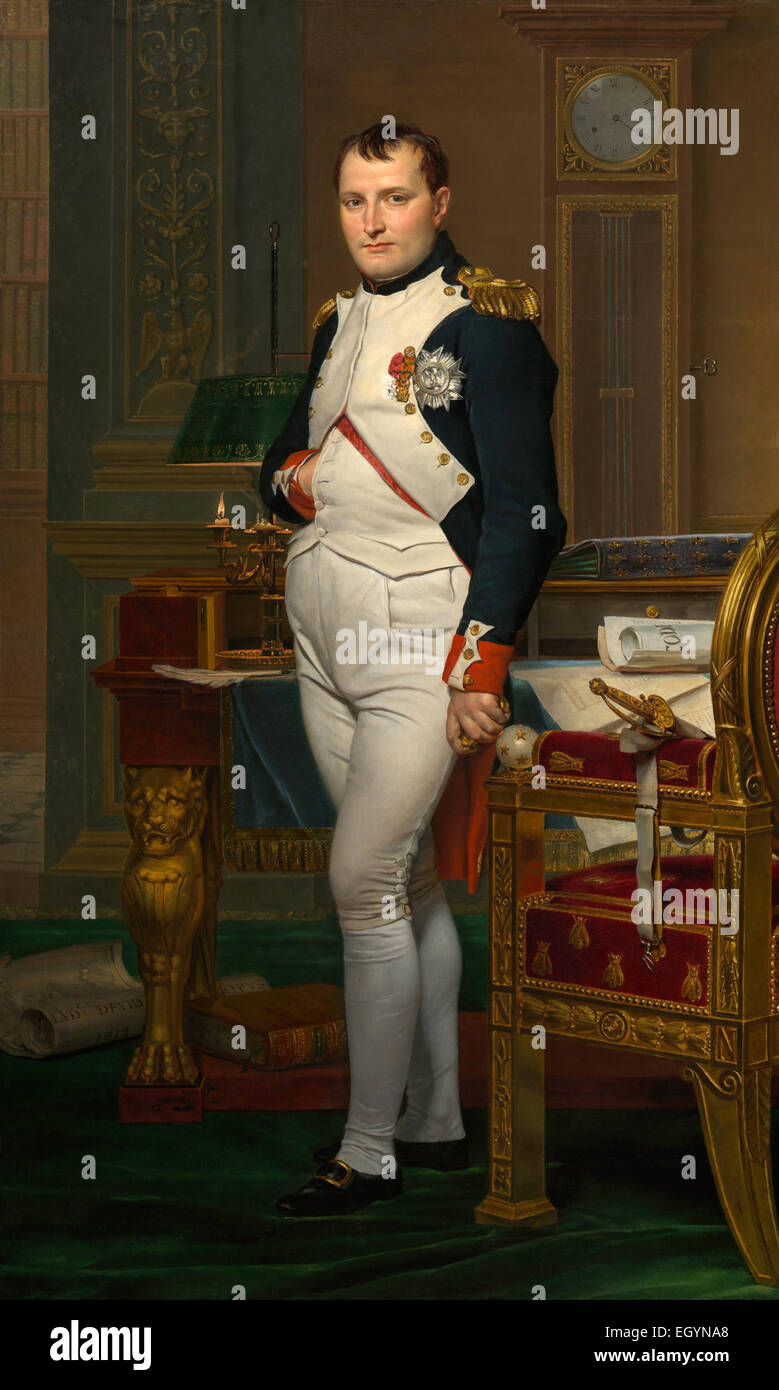 Kaiser Napoleon Bonaparte in seinem Studium an der Jardin des Tuileries ist ein 1812 Gemälde von Jacques-Louis David. Napoleon Bonaparte (geb. Napoleone di Buonaparte, 15. August 1769 – 5. Mai 1821) war ein französischer militärischer und politischer Führer, auf Prominenz während der französischen Revolution und seine damit verbundenen Kriege stieg. Stockfoto