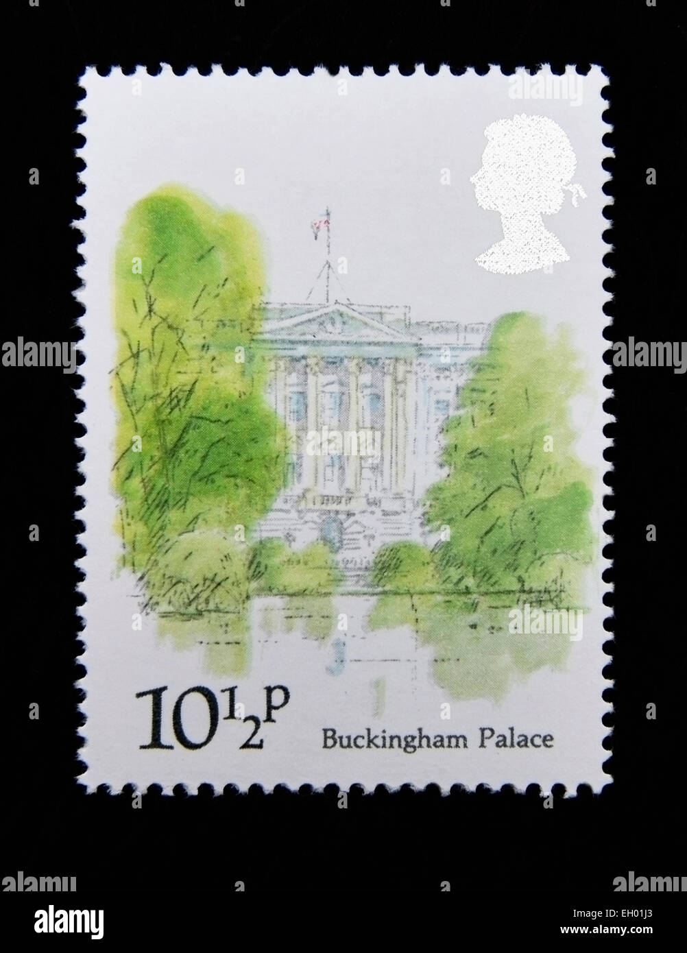Briefmarke. Great Britain. Königin Elizabeth II. 1980. Londoner Sehenswürdigkeiten. Buckingham-Palast. Stockfoto