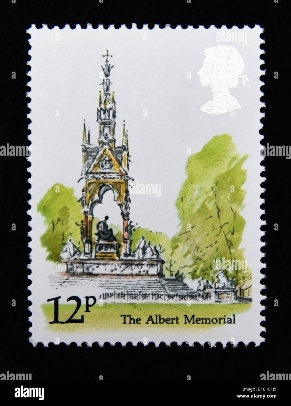 Briefmarke. Great Britain. Königin Elizabeth II. 1980. Londoner Sehenswürdigkeiten. Das Albert Memorial. 12p. Stockfoto