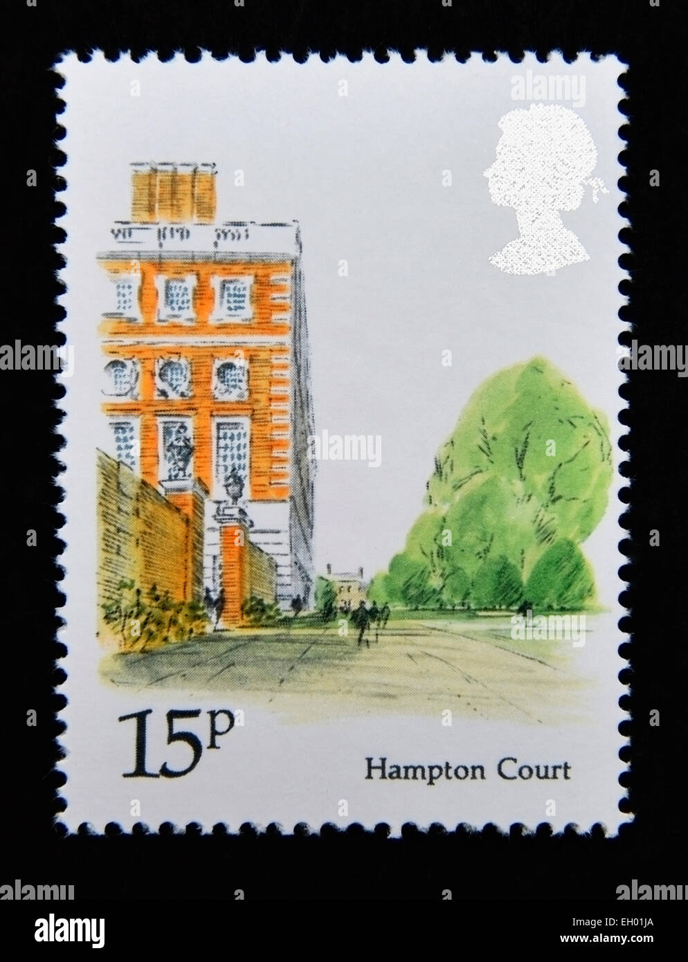Briefmarke. Great Britain. Königin Elizabeth II. 1980. Londoner Sehenswürdigkeiten. Hampton Court. 15p. Stockfoto