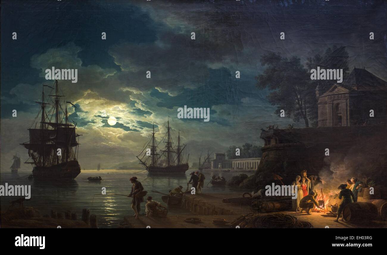 ActiveMuseum 0003359.jpg / die Nacht, ein Seehafen im Mondschein 25.09.2013 - / 18. Jahrhundert Sammlung / aktive Museum Stockfoto