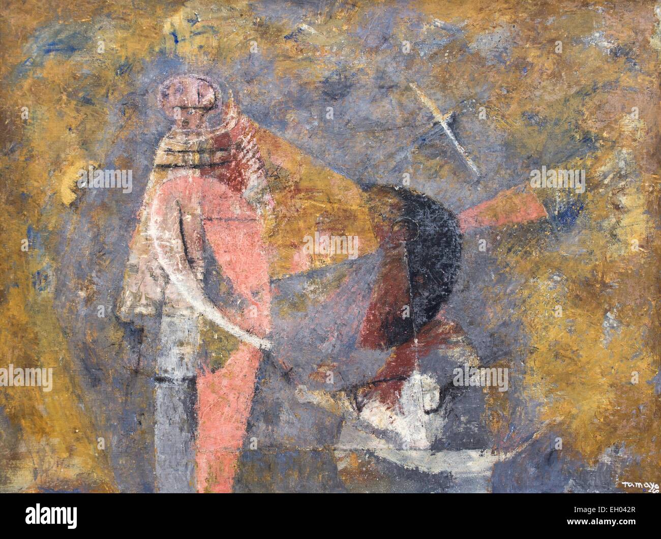 ActiveMuseum 0003466.jpg / zwei Zeichen mit einem Vogel - Dos Personajes con un Pajaro - Öl auf Leinwand 12.06.2013 - / 20. Jahrhundert Sammlung / aktive Museum Stockfoto