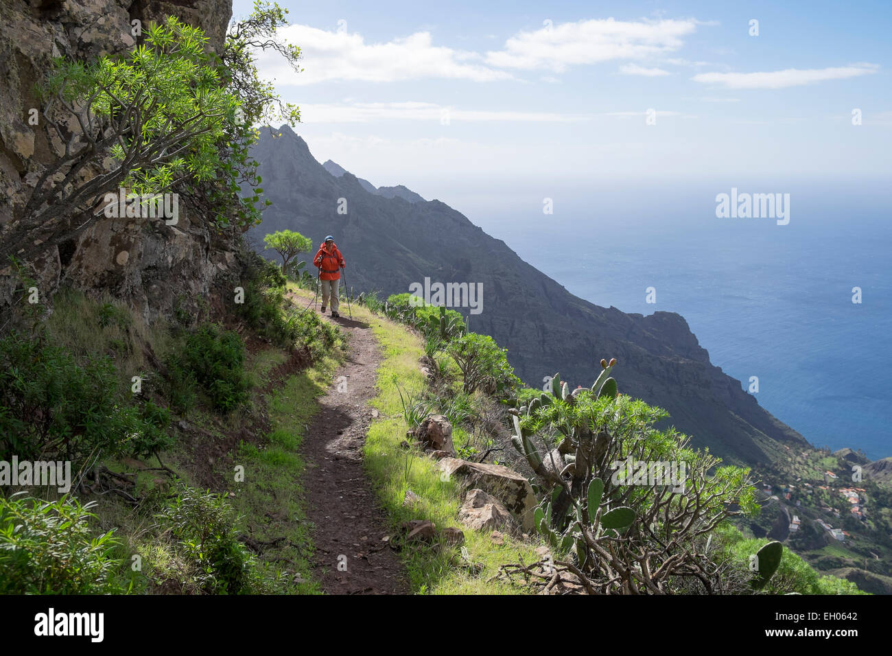 Spanien, Kanarische Inseln, La Gomera, Valle Gran Rey, Lomo del Carreton in der Nähe von Taguluche, Wanderer Stockfoto