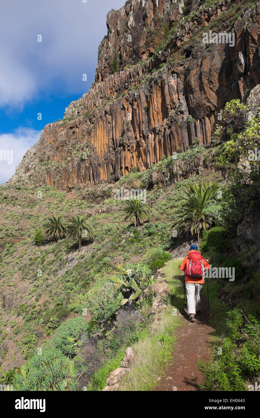 Spanien, Kanarische Inseln, La Gomera, Valle Gran Rey, Trail und Wanderer in Lomo del Carreton in der Nähe von Arure Stockfoto