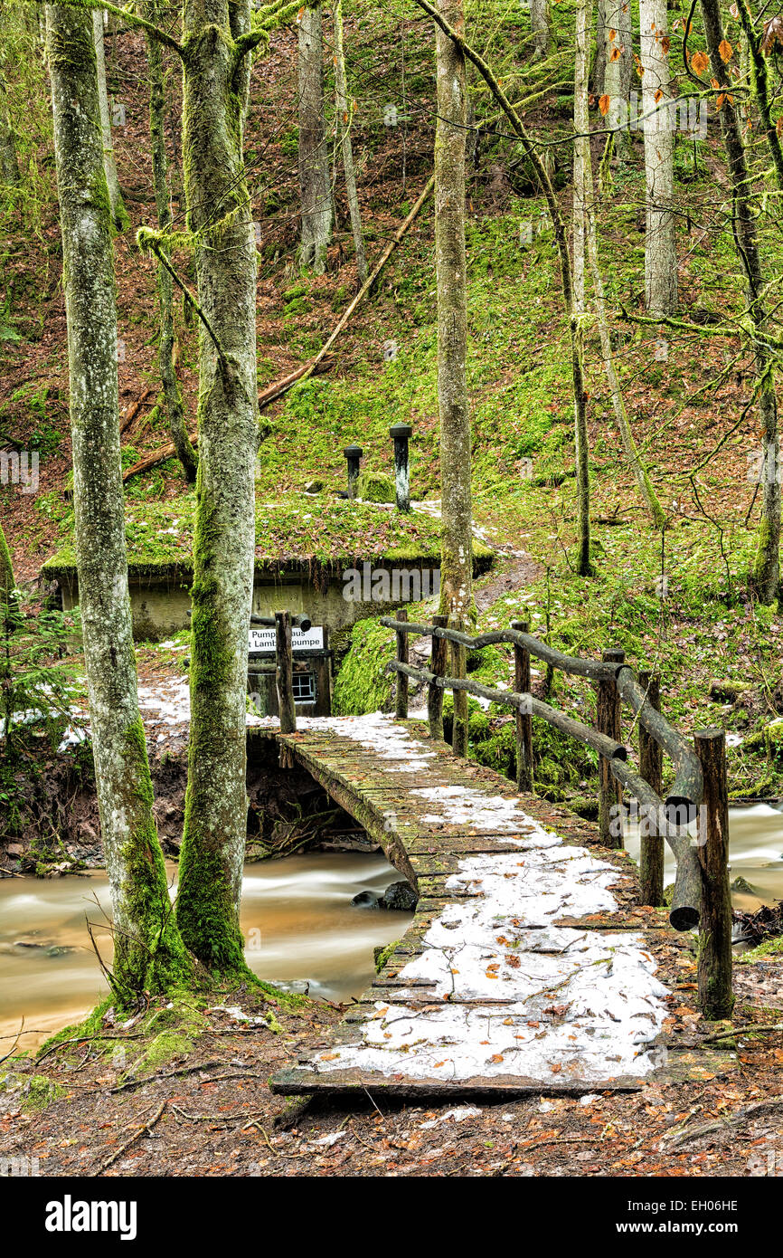 Deutschland, Baden-Württemberg, hölzerne Brücke über Struempfelbach mit Pumpenhaus im Hintergrund Stockfoto